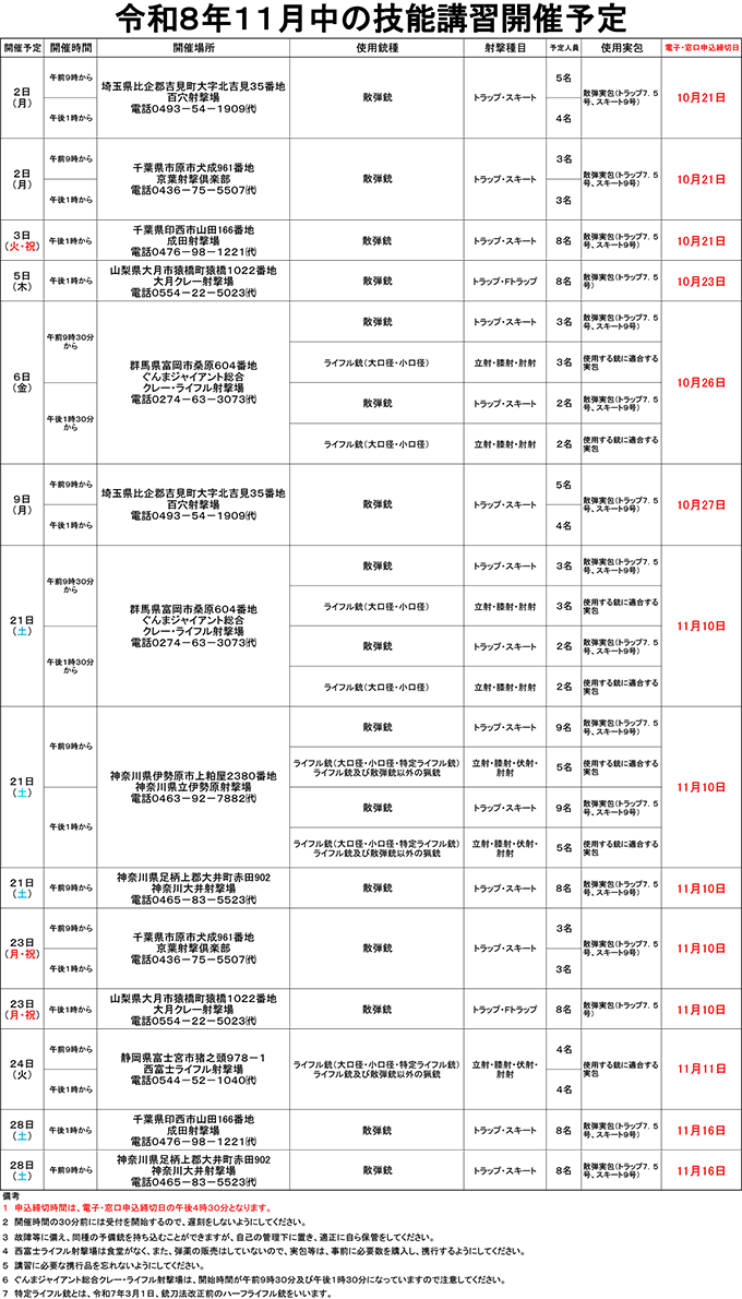 11月中の技能講習開催予定表